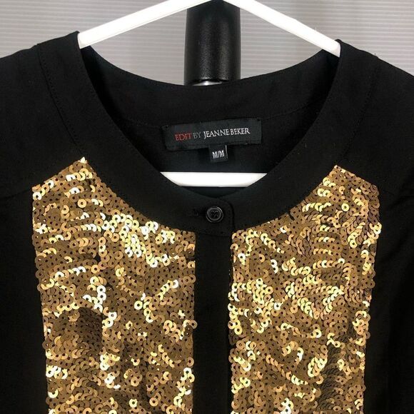 Edit BY JEANNE BEKER Black Gold Sequin Pleated Black Keyhole Sleeveless Blouse S - Picture 3 of 5